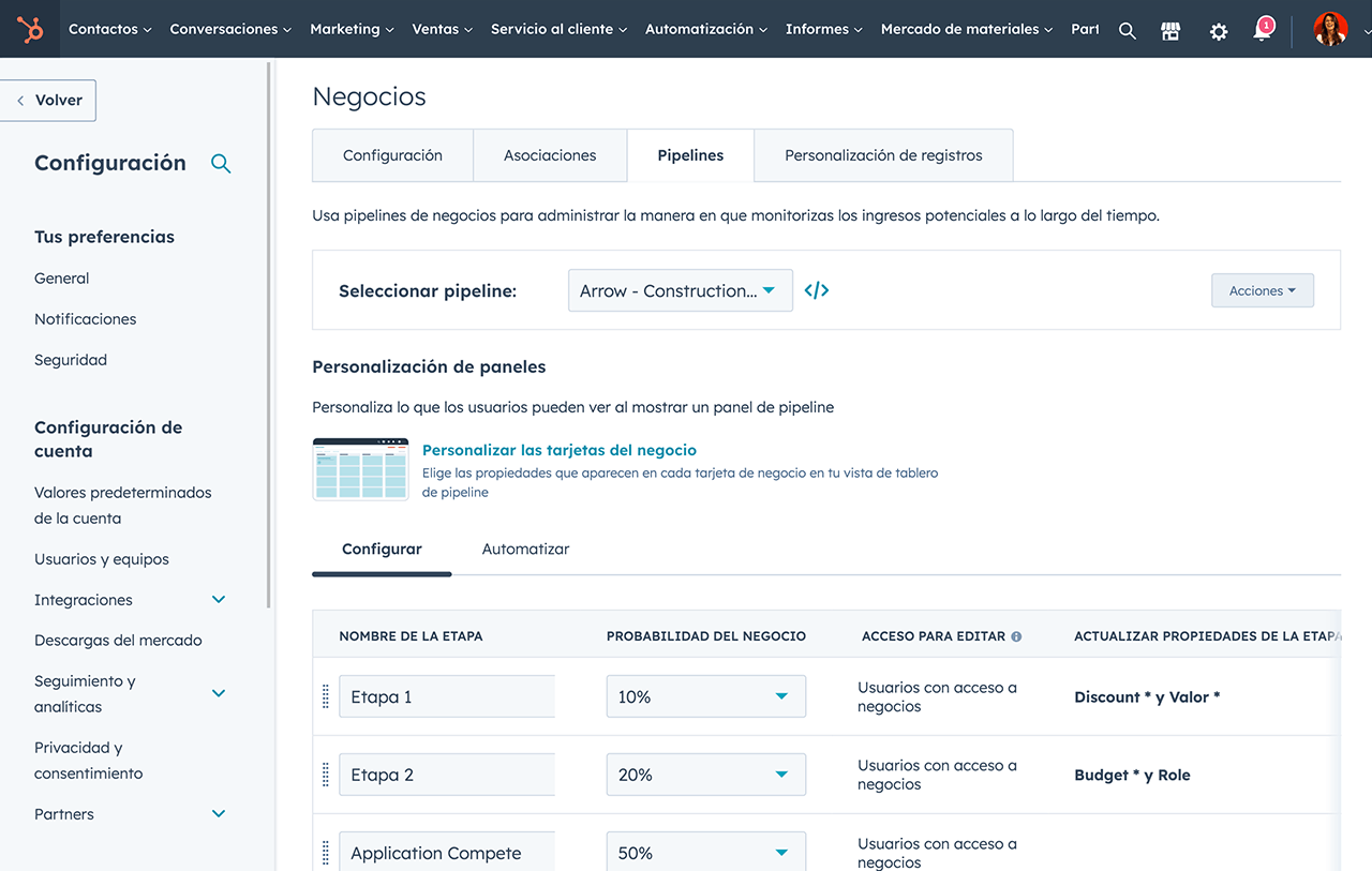 pipeline de ventas personalizable